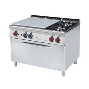 RM GASTRO Cast-Iron Gas Cooker with 2 Burners and 1  Hot Plate, Cupboard with Doors and Electric Oven GN 1/1, 38,2 kW RM GASTRO Cast-Iron Gas Cooker with 2 Burners and 1  Hot Plate, Cupboard with Doors and Electric Oven GN 1/1, 38,2 kW