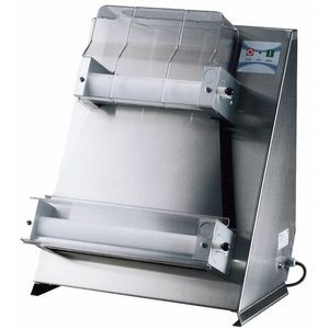 RM GASTRO Wałkownica do ciasta z dwoma wałkami od 140 do 400 mm, 100-700 g ciasta, 0,375 kW ze wsadem liniowym z elektrycznym pedałem