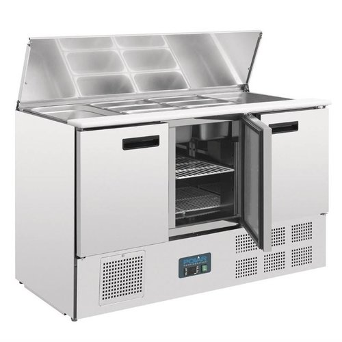 Polar Refrigeration 3-doors Salad Prep Table 4x GN 1/4, 368 L, 2 °C to 8 °C, Bottom-Mounted Compressor Polar Refrigeration 3-doors Salad Prep Table 4x GN 1/4, 368 L, 2 °C to 8 °C, Bottom-Mounted Compressor