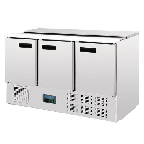 Polar Refrigeration 3-doors Salad Prep Table 4x GN 1/4, 368 L, 2 °C to 8 °C, Bottom-Mounted Compressor Polar Refrigeration 3-doors Salad Prep Table 4x GN 1/4, 368 L, 2 °C to 8 °C, Bottom-Mounted Compressor