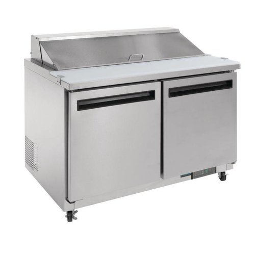 Polar Refrigeration  2-doors Salad Prep Table 12x 1/6 GN with Top Unit and Polypropylene Cutting Board, 405 L, 2 °C to 5 °C, Side-Mounted Compressor