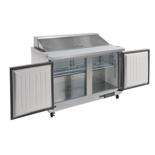 Polar Refrigeration  2-doors Salad Prep Table 12x 1/6 GN with Top Unit and Polypropylene Cutting Board, 405 L, 2 °C to 5 °C, Side-Mounted Compressor