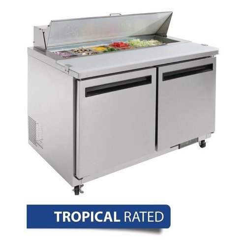 Polar Refrigeration  2-doors Salad Prep Table 12x 1/6 GN with Top Unit and Polypropylene Cutting Board, 405 L, 2 °C to 5 °C, Side-Mounted Compressor