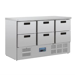 Polar Refrigeration  Refrigerated Table with 6 Drawers 205 L, GN, 1/1 from 2 °C to 5 °C, Bottom-Mounted Compressor Polar Refrigeration  Refrigerated Table with 6 Drawers 205 L, GN, 1/1 from 2 °C to 5 °C, Bottom-Mounted Compressor