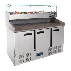 Polar Refrigeration  Tripple Doors Pizza Prep Table, 368 L, 6 x GN 1/4 with Marble Top, Bottom-Mounted Compressor