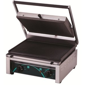 Resto Quality Single Cast Iron Contact Grill, Grooved Grill Plate, 380 x 280 mm, 2,25 kW