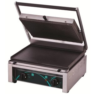 Resto Quality Single Cast Iron Contact Grill, Smooth Bottom Plate, Top Grooved, 380 x 280 mm, 2,25 kW