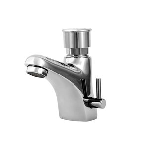 XXLselect Self-Closing Deck-Mounted Basin Faucet with Push-Button and Mixer and Two Flexible Hoses Included, Water Connection Thread 3/8''