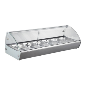 Saro Countertop Heating Display 6 x 1/3 GN, 68 L, 0,80 kW, from 30 to 90 °C, with Bent Glass, Silver