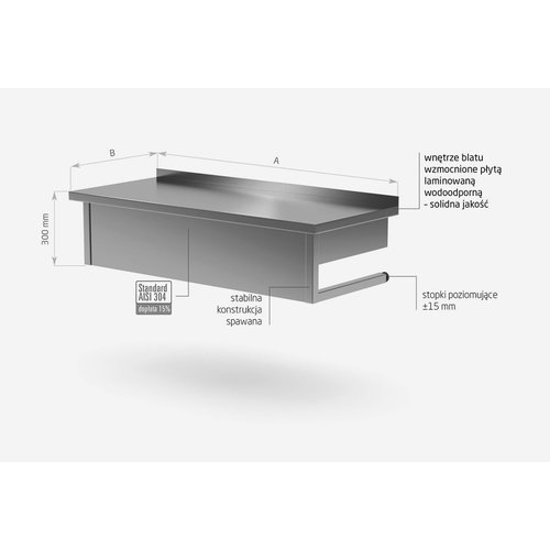INOXI Stainless steel wall mounted work table with splashback, dimensions 1600x600x(h)300 mm