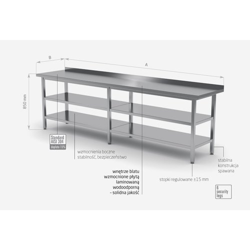 INOXI Work table with splashback and two undershelves | 2400x700 mm INOXI Work table with splashback and two undershelves | 2400x700 mm