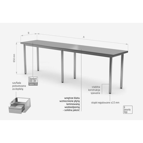 INOXI Centre work table without splashback or shelf | 2500x800 mm