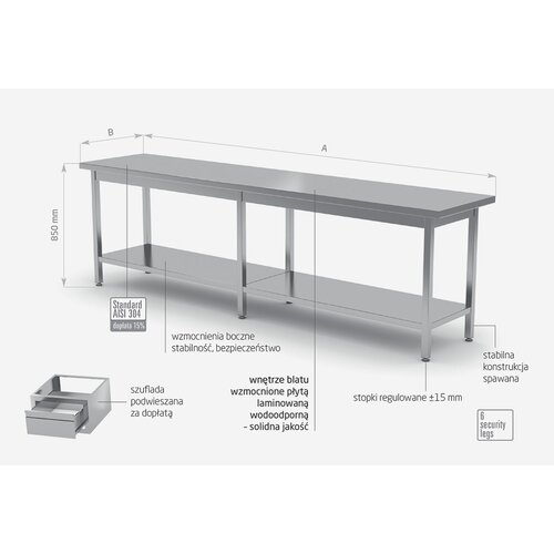 INOXI Centre work table without splashback with undershelf | 2200x800 mm INOXI Centre work table without splashback with undershelf | 2200x800 mm