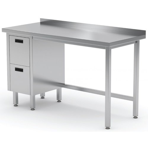 INOXI Work table with splashback, cabinet with two drawers - drawers on left side | 1300x600 mm INOXI Work table with splashback, cabinet with two drawers - drawers on left side | 1300x600 mm