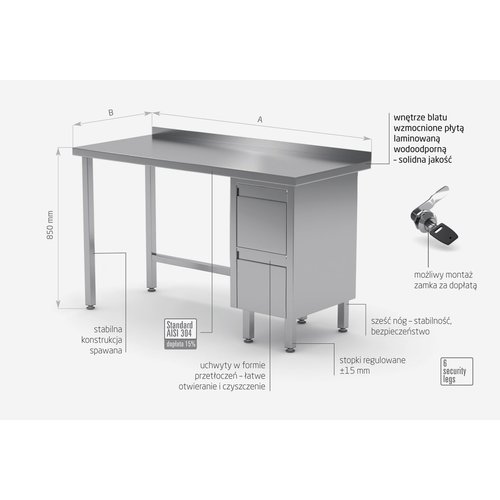 INOXI Work table with splashback, cabinet with two drawers - drawers on right side | 1200x600 mm INOXI Work table with splashback, cabinet with two drawers - drawers on right side | 1200x600 mm