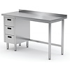 INOXI Work table with splashback, cabinet with three drawers - drawers on left side | 1600x700 mm INOXI Work table with splashback, cabinet with three drawers - drawers on left side | 1600x700 mm