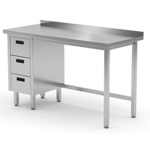 INOXI Work table with splashback, cabinet with three drawers - drawers on left side | 1600x700 mm INOXI Work table with splashback, cabinet with three drawers - drawers on left side | 1600x700 mm