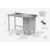 INOXI Work table with splashback, cabinet with three drawers - drawers on right side | 1500x700 mm INOXI Work table with splashback, cabinet with three drawers - drawers on right side | 1500x700 mm