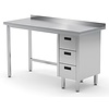 INOXI Work table with splashback, cabinet with three drawers - drawers on right side | 1600x700 mm INOXI Work table with splashback, cabinet with three drawers - drawers on right side | 1600x700 mm