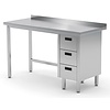 INOXI Work table with splashback, cabinet with three drawers - drawers on right side | 1900x600 mm INOXI Work table with splashback, cabinet with three drawers - drawers on right side | 1900x600 mm