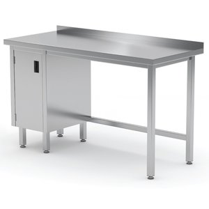 INOXI Work table with splashback, cabinet with hinged door - cabinet on left side | 900x600 mm INOXI Work table with splashback, cabinet with hinged door - cabinet on left side | 900x600 mm