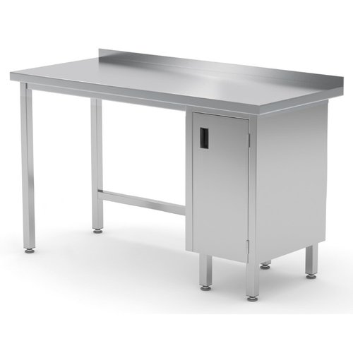 INOXI Work table with splashback, cabinet with hinged door - cabinet on right side | 1800x600 mm INOXI Work table with splashback, cabinet with hinged door - cabinet on right side | 1800x600 mm