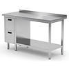 INOXI Work table with splashback, cabinet with two drawers and undershelf - drawers on left side | 1200x600 mm