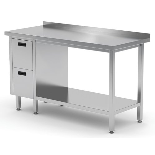 INOXI Work table with splashback, cabinet with two drawers and undershelf - drawers on left side | 1200x700 mm INOXI Work table with splashback, cabinet with two drawers and undershelf - drawers on left side | 1200x700 mm