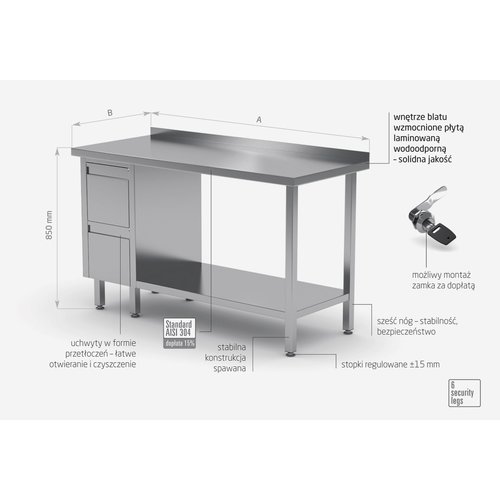 INOXI Work table with splashback, cabinet with two drawers and undershelf - drawers on left side | 1500x600 mm INOXI Work table with splashback, cabinet with two drawers and undershelf - drawers on left side | 1500x600 mm