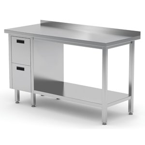 INOXI Work table with splashback, cabinet with two drawers and undershelf - drawers on left side | 1800x600 mm INOXI Work table with splashback, cabinet with two drawers and undershelf - drawers on left side | 1800x600 mm