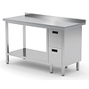 INOXI Stainless steel work table with splashback, cabinet with two drawers and undershelf - drawers on right side, dimensions 1100x700x(h)850 mm