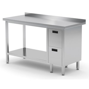INOXI Stainless steel work table with splashback, cabinet with two drawers and undershelf - drawers on right side, dimensions 1500x700x(h)850 mm INOXI Stainless steel work table with splashback, cabinet with two drawers and undershelf - drawers on right side, dimensions 1500x700x(h)850 mm