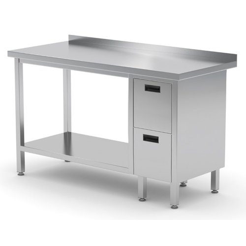INOXI Stainless steel work table with splashback, cabinet with two drawers and undershelf - drawers on right side, dimensions 1500x700x(h)850 mm INOXI Stainless steel work table with splashback, cabinet with two drawers and undershelf - drawers on right side, dimensions 1500x700x(h)850 mm