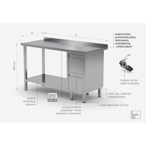 INOXI Stainless steel work table with splashback, cabinet with two drawers and undershelf - drawers on right side, dimensions 1500x700x(h)850 mm INOXI Stainless steel work table with splashback, cabinet with two drawers and undershelf - drawers on right side, dimensions 1500x700x(h)850 mm