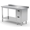 INOXI Stainless steel work table with splashback, cabinet with two drawers and undershelf - drawers on right side, dimensions 1800x600x(h)850 mm