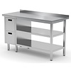INOXI Work table with splashback, cabinet with two drawers and two undershelves - drawers on left side | 800x600 mm INOXI Work table with splashback, cabinet with two drawers and two undershelves - drawers on left side | 800x600 mm