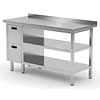 INOXI Work table with splashback, cabinet with two drawers and two undershelves - drawers on left side | 1200x600 mm