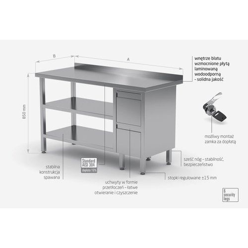 INOXI Work table with splashback, cabinet with two drawers and two undershelves - drawers on right side | 1200x600 mm INOXI Work table with splashback, cabinet with two drawers and two undershelves - drawers on right side | 1200x600 mm