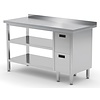 INOXI Work table with splashback, cabinet with two drawers and two undershelves - drawers on right side | 1500x600 mm INOXI Work table with splashback, cabinet with two drawers and two undershelves - drawers on right side | 1500x600 mm