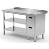 INOXI Work table with splashback, cabinet with two drawers and two undershelves - drawers on right side | 1900x700 mm INOXI Work table with splashback, cabinet with two drawers and two undershelves - drawers on right side | 1900x700 mm