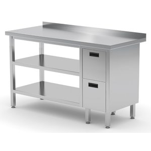 INOXI Work table with splashback, cabinet with two drawers and two undershelves - drawers on right side | 1900x700 mm INOXI Work table with splashback, cabinet with two drawers and two undershelves - drawers on right side | 1900x700 mm