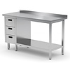 INOXI Work table with splashback, cabinet with three drawers and undershelf - drawers on left side | 900x600 mm INOXI Work table with splashback, cabinet with three drawers and undershelf - drawers on left side | 900x600 mm
