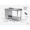 INOXI Work table with splashback, cabinet with three drawers and undershelf - drawers on left side | 1300x700 mm INOXI Work table with splashback, cabinet with three drawers and undershelf - drawers on left side | 1300x700 mm