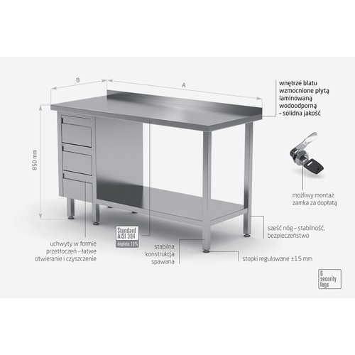 INOXI Work table with splashback, cabinet with three drawers and undershelf - drawers on left side | 1900x600 mm INOXI Work table with splashback, cabinet with three drawers and undershelf - drawers on left side | 1900x600 mm