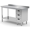 INOXI Work table with splashback, cabinet with three drawers and undershelf - drawers on right side | 900x600 mm INOXI Work table with splashback, cabinet with three drawers and undershelf - drawers on right side | 900x600 mm