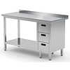 INOXI Work table with splashback, cabinet with three drawers and undershelf - drawers on right side | 900x700 mm INOXI Work table with splashback, cabinet with three drawers and undershelf - drawers on right side | 900x700 mm