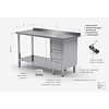 INOXI Work table with splashback, cabinet with three drawers and undershelf - drawers on right side | 1400x600 mm INOXI Work table with splashback, cabinet with three drawers and undershelf - drawers on right side | 1400x600 mm