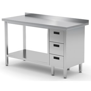 INOXI Work table with splashback, cabinet with three drawers and undershelf - drawers on right side | 1500x600 mm INOXI Work table with splashback, cabinet with three drawers and undershelf - drawers on right side | 1500x600 mm