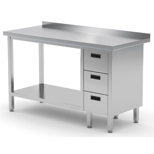 INOXI Work table with splashback, cabinet with three drawers and undershelf - drawers on right side | 1900x700 mm INOXI Work table with splashback, cabinet with three drawers and undershelf - drawers on right side | 1900x700 mm