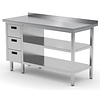 INOXI Work table with splashback, cabinet with three drawers and two undershelves - drawers on left side | 900x700 mm